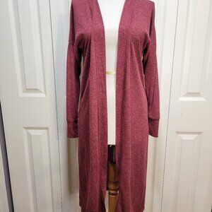 BONGO Burgundy Maroon Red Open Front Extra Long Duster Cardigan Top sz S EUC